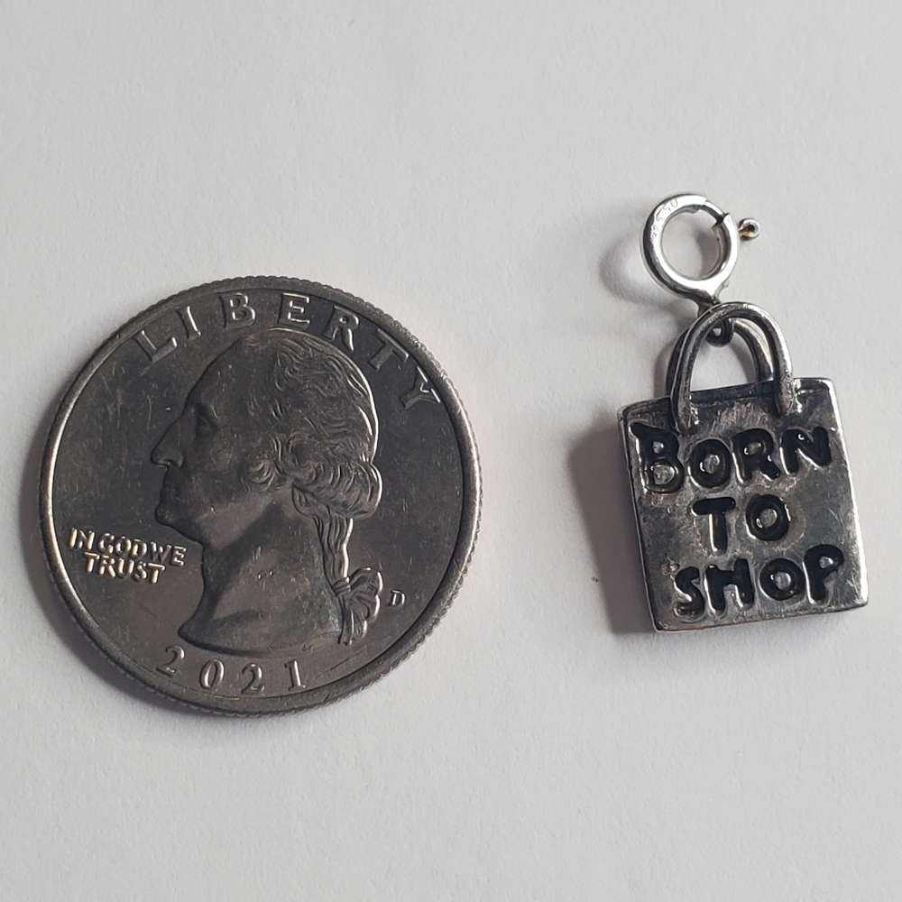 Sterling Silver Charm Born to Shop 925 Thai Shopping Bag Y2K - Picture 2 of 5